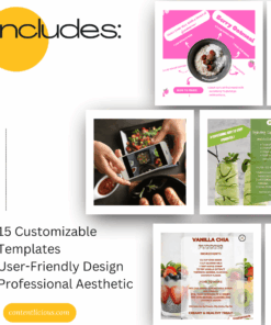 Product image of Modern Food Recipe Instagram Posts Templates (15 Editable Templates) showing what is included