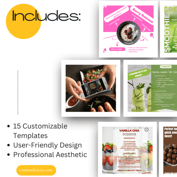 Product image of Modern Food Recipe Instagram Posts Templates (15 Editable Templates) showing what is included