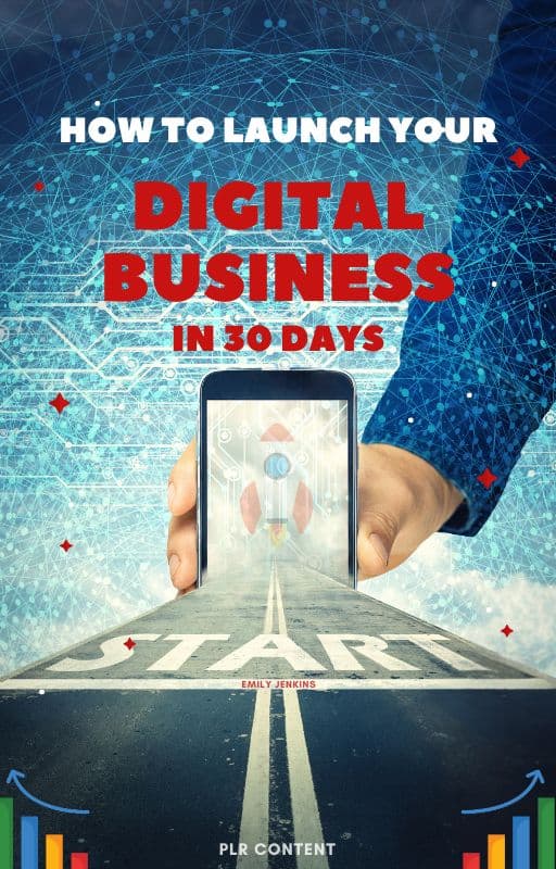 PLR E-book: Launch Your Digital Business in 30 Days – Cover image with a road to a digital start line, symbolizing a business launch