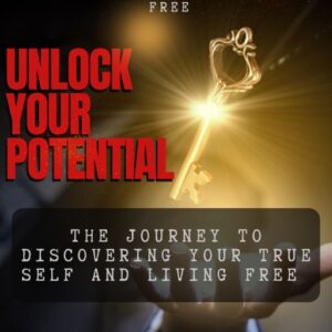 PLR E-book: Unlock Your Potential – A powerful cover image featuring a glowing key held in a hand breaking free from chains, symbolizing unlocking personal freedom and self-discovery