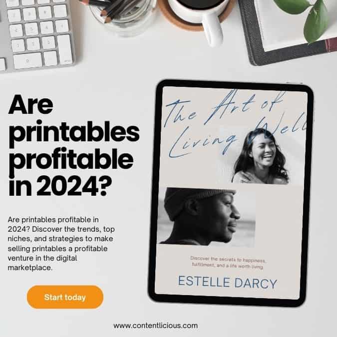 Cover image for blog post "Are printables profitable in 2024?" with tablet displaying an eBook and call-to-action button.