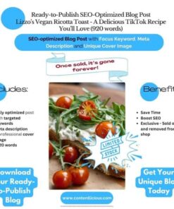 Pre-written SEO blog post featuring Lizzo’s Vegan Ricotta Toast recipe with a focus keyword and cover image