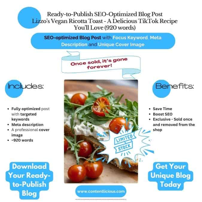 Pre-written SEO blog post featuring Lizzo’s Vegan Ricotta Toast recipe with a focus keyword and cover image