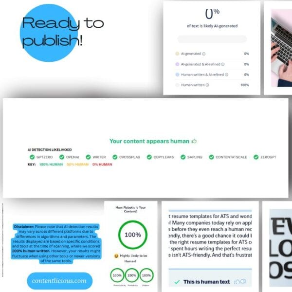 AI detection results for Pre-Written SEO Blog Post – Spaghetti with Lemon-Garlic Parmesan Sauce, showing 100% human-written content confirmed by multiple AI detectors