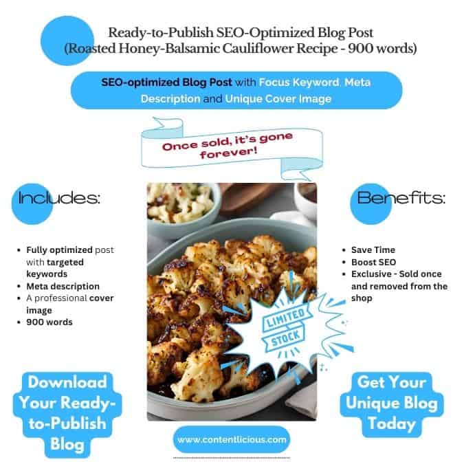 Pre-Written SEO Blog Post – Roasted Honey-Balsamic Cauliflower, fully optimized for SEO with focus keyword, meta description, and unique cover image