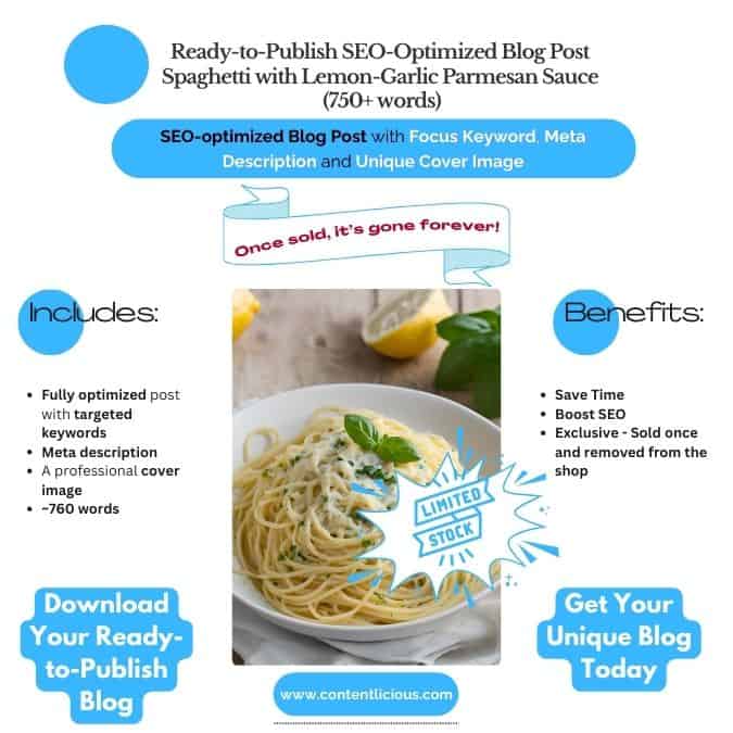 Cover image for Pre-Written SEO Blog Post about Spaghetti with Lemon-Garlic Parmesan Sauce, highlighting a delicious pasta dish with a professional blog post ready to boost SEO