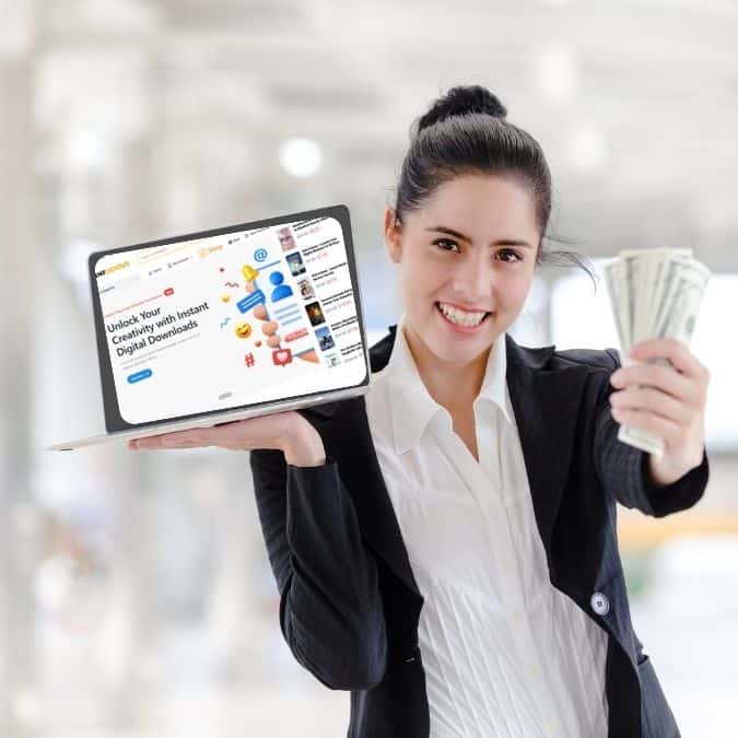 Person holding cash and laptop displaying Contentlicious website, symbolizing profit from selling digital printables online.