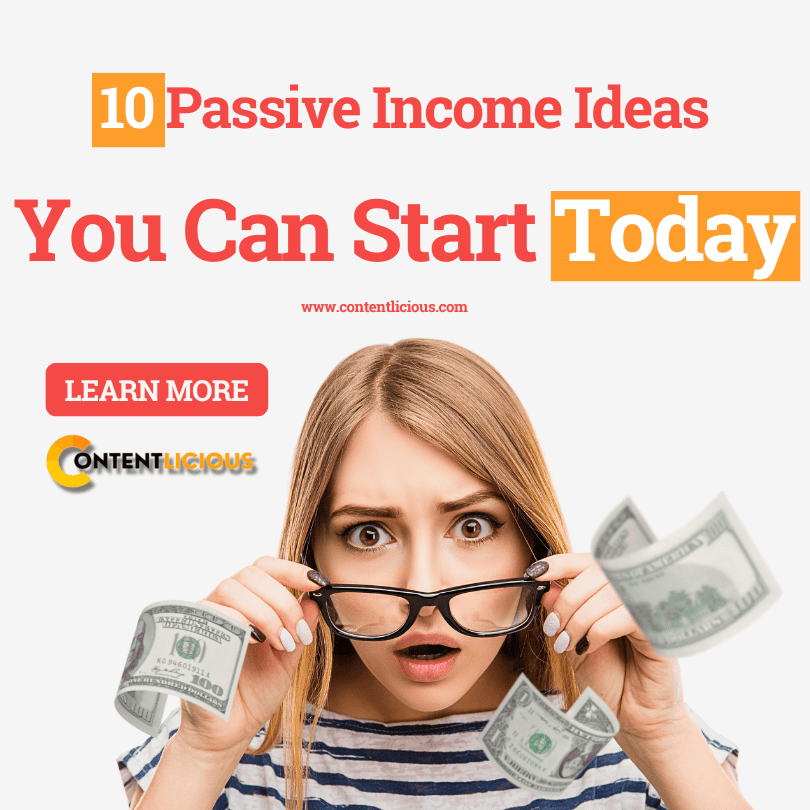 Cover image for the blog '10 Passive Income Ideas You Can Start Today' featuring a surprised woman with floating dollar bills, emphasizing the urgency to start passive income opportunities today.