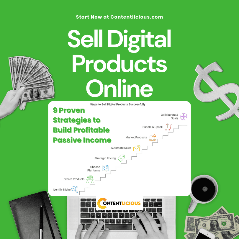 Sell Digital Products Online – 9 Proven Strategies to Build Profitable Passive Income. Visual guide showing step-by-step strategies for selling digital products with Contentlicious branding.