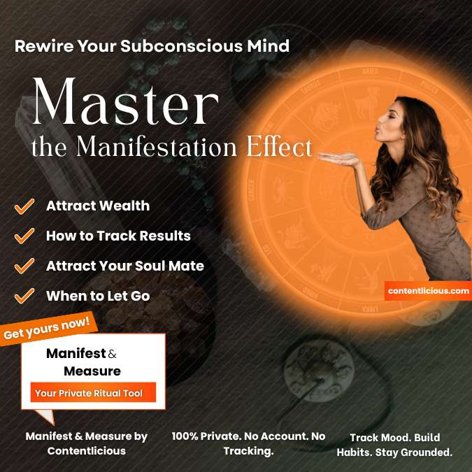 Visual showing how to master the manifestation effect using a private journal tool called Manifest & Measure with mood tracking, no account, and ritual features.