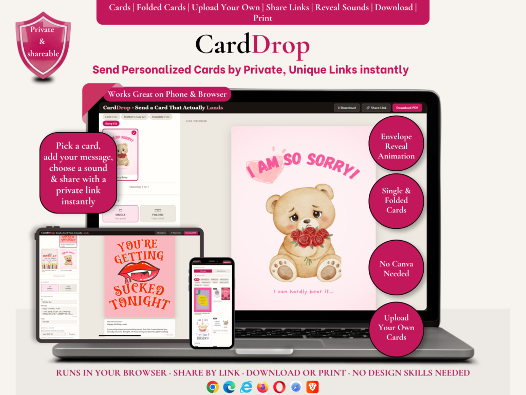 CardDrop digital greeting card tool shown on laptop, tablet, and phone, with private share links, envelope reveal animation, sounds, and printable card options.