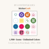 StickerCraft by Contentlicious hero image showing a sample digital planner sticker sheet with colorful icons, labels, sticky notes, and text promoting 1,900+ icons, unlimited colors, GoodNotes, PNG, and PDF exports.