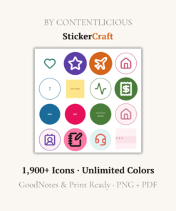 StickerCraft by Contentlicious hero image showing a sample digital planner sticker sheet with colorful icons, labels, sticky notes, and text promoting 1,900+ icons, unlimited colors, GoodNotes, PNG, and PDF exports.