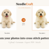 NeedleCraft by Contentlicious hero image showing a golden retriever puppy photo converted into a cross stitch pattern, with text saying turn your photos into cross stitch patterns and export a PDF.