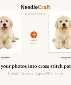 NeedleCraft by Contentlicious hero image showing a golden retriever puppy photo converted into a cross stitch pattern, with text saying turn your photos into cross stitch patterns and export a PDF.