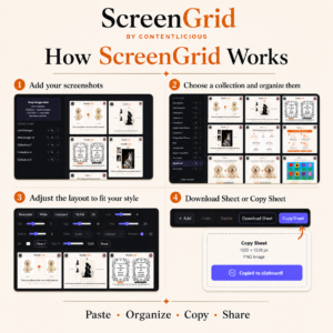 How ScreenGrid works: add screenshots, organize into a collection, adjust layout, download