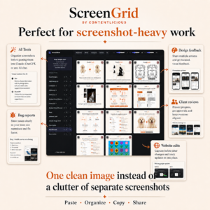 ScreenGrid photo collage tool organizing AI chat screenshots, bug reports, and feedback