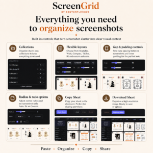 ScreenGrid features: collections, flexible grid layouts, spacing controls, and sheet export
